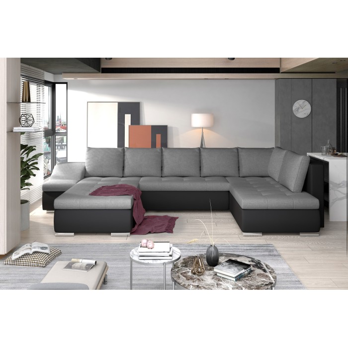 Canapé panoramique GYOVANI gris et noir angle gauche convertible couchage 140x294cm 