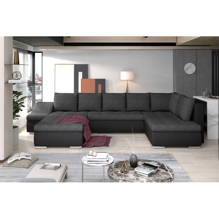 Canapé panoramique GYOVANI gris et noir angle gauche convertible 6 places 