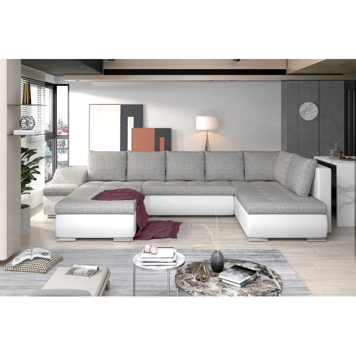 Canapé panoramique GYOVANI gris et blanc angle gauche convertible pieds métal 