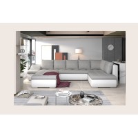 Canapé panoramique GYOVANI gris et blanc angle gauche convertible pieds métal 