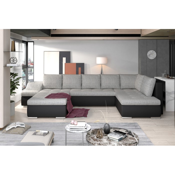 Canapé panoramique GYOVANI gris clair et noir angle gauche convertible mousse T30 