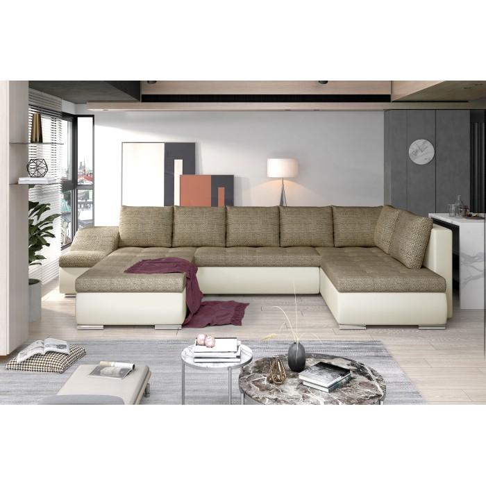 Canapé panoramique GYOVANI beige et blanc angle gauche convertible avec têtières 