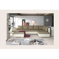 Canapé panoramique GYOVANI beige et blanc angle gauche convertible avec têtières 