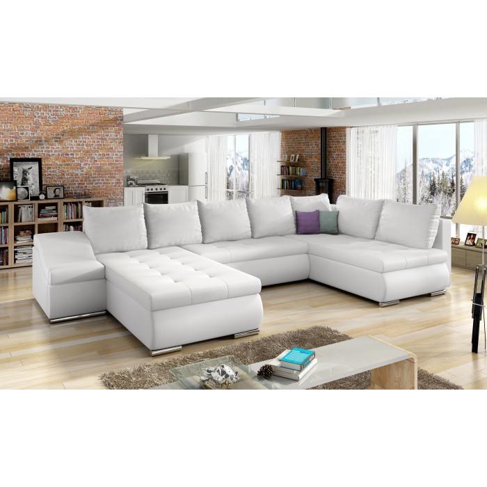 Canapé panoramique GYOVANI blanc angle gauche convertible avec coffre 
