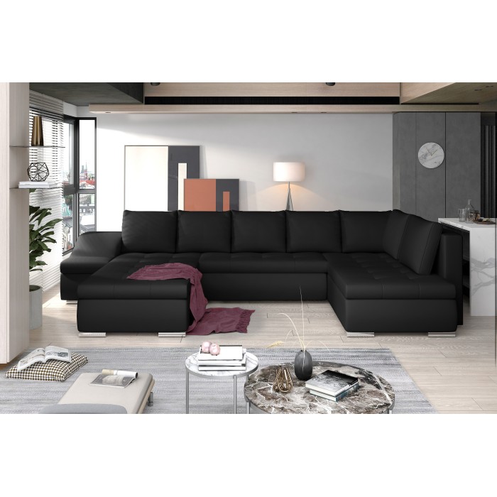 Canapé panoramique GYOVANI noir angle gauche convertible couchage 140x294cm 