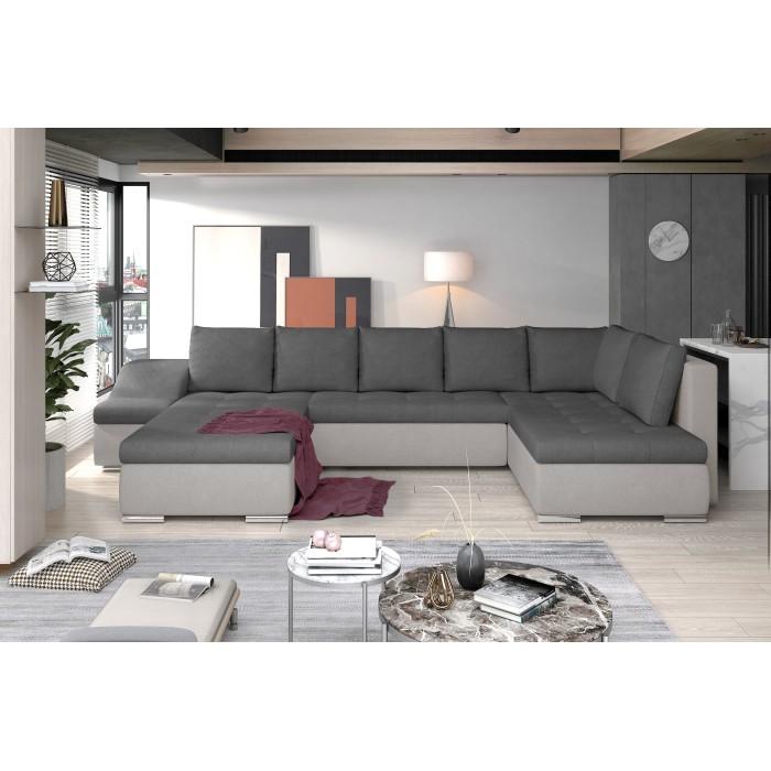 Canapé panoramique GYOVANI gris foncé et gris clair angle gauche convertible avec têtières 