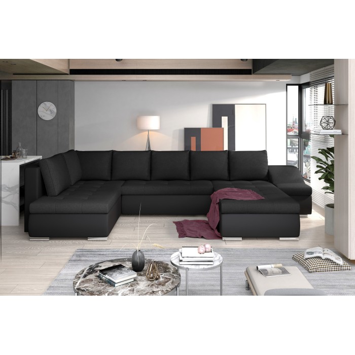 Canapé panoramique GYOVANI noir angle droit convertible avec coffre 
