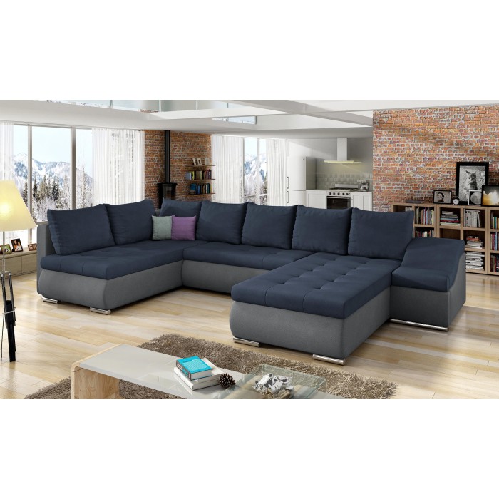 Canapé panoramique GYOVANI bleu et gris angle droit convertible couchage 140x294cm 