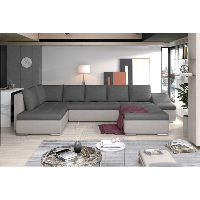 Canapé panoramique GYOVANI gris foncé et gris clair angle droit convertible pieds métal 