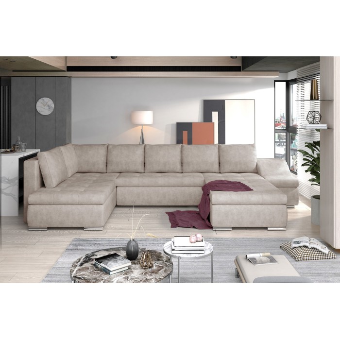 Canapé panoramique GYOVANI beige angle droit convertible mousse T30 