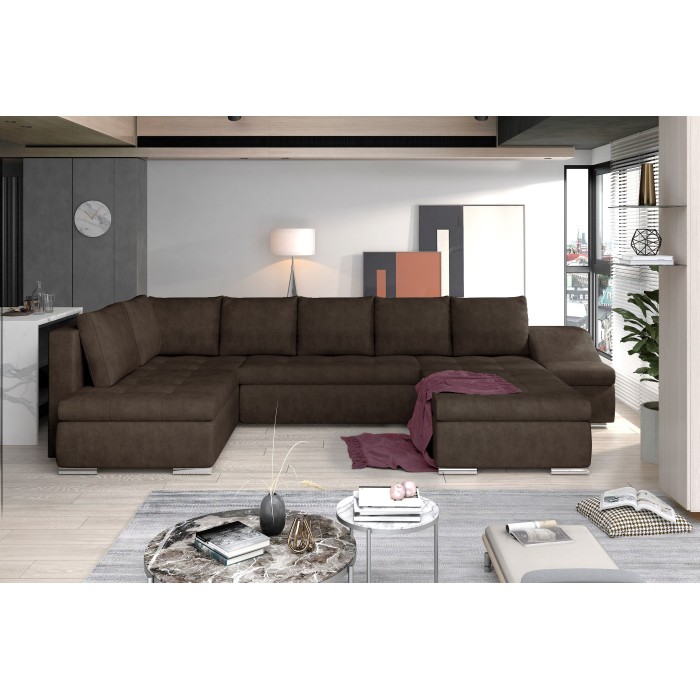 Canapé panoramique GYOVANI chocolat angle droit convertible avec têtières 