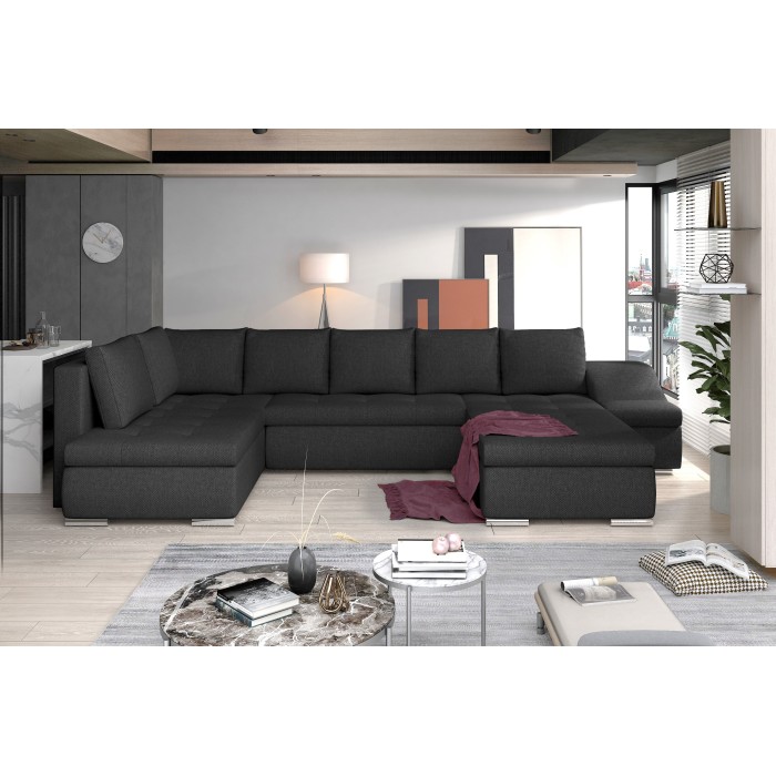 Canapé panoramique GYOVANI gris foncé angle droit convertible avec coffre 
