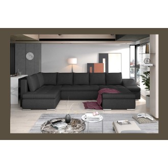 Canapé panoramique GYOVANI gris foncé angle droit convertible avec coffre 