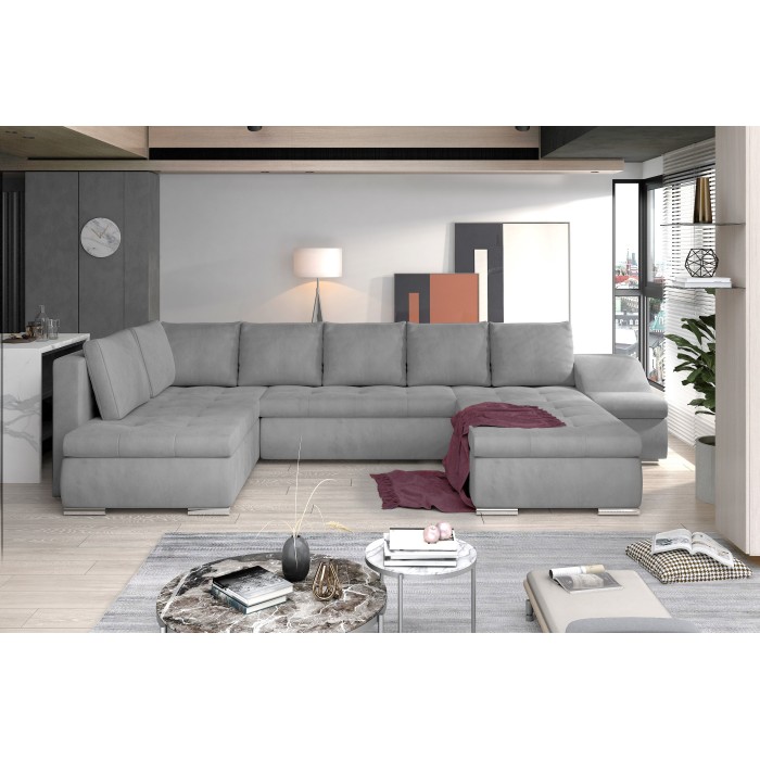 Canapé panoramique GYOVANI gris clair et noir angle droit convertible couchage 140x294cm 