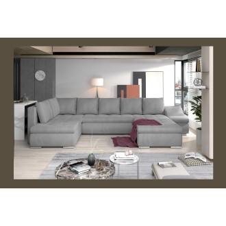 Canapé panoramique GYOVANI gris clair et noir angle droit convertible couchage 140x294cm 