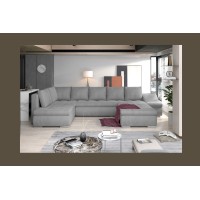 Canapé panoramique GYOVANI gris clair et noir angle droit convertible couchage 140x294cm 