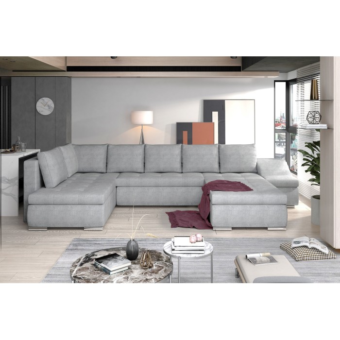 Canapé panoramique GYOVANI gris clair chiné angle droit convertible pieds métal 
