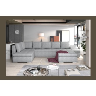 Canapé panoramique GYOVANI gris clair chiné angle droit convertible pieds métal 