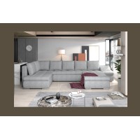Canapé panoramique GYOVANI gris clair chiné angle droit convertible pieds métal 