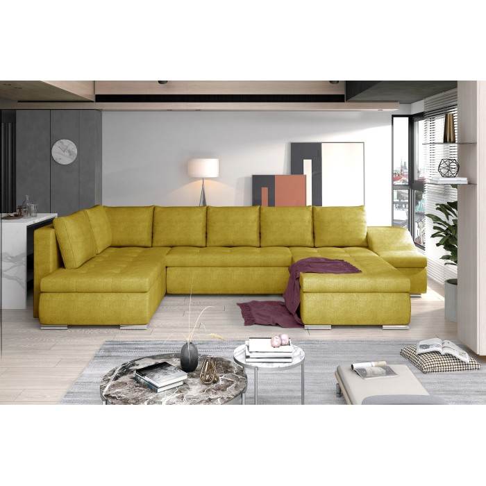 Canapé panoramique GYOVANI jaune chiné angle droit convertible mousse T30 