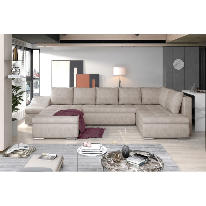 Canapé panoramique GYOVANI beige angle gauche convertible avec têtières 