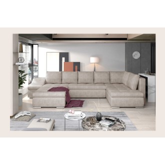 Canapé panoramique GYOVANI beige angle gauche convertible avec têtières 