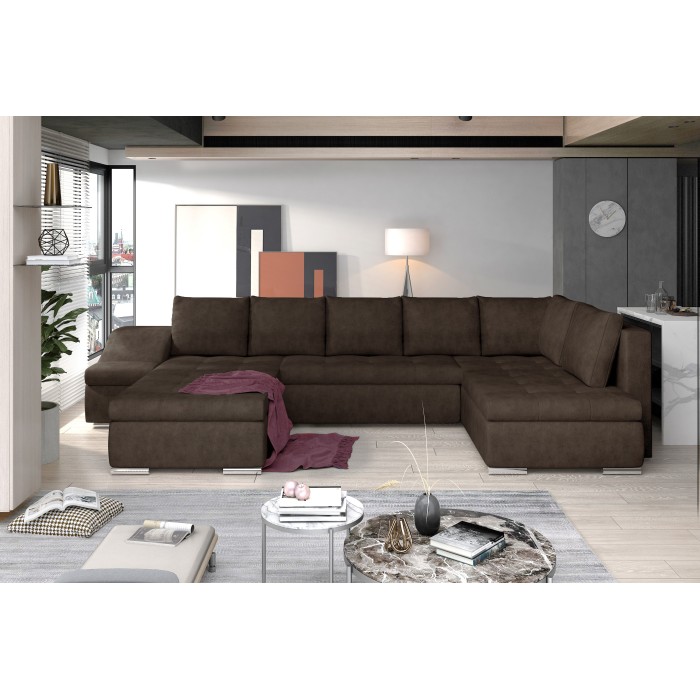 Canapé panoramique GYOVANI chocolat angle gauche convertible avec coffre 