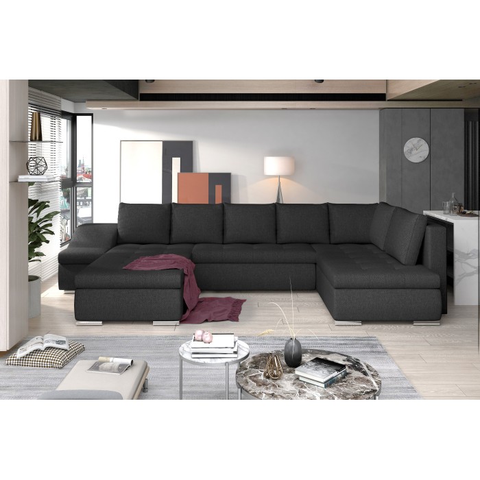 Canapé panoramique GYOVANI gris foncé angle gauche convertible couchage 140x294cm 