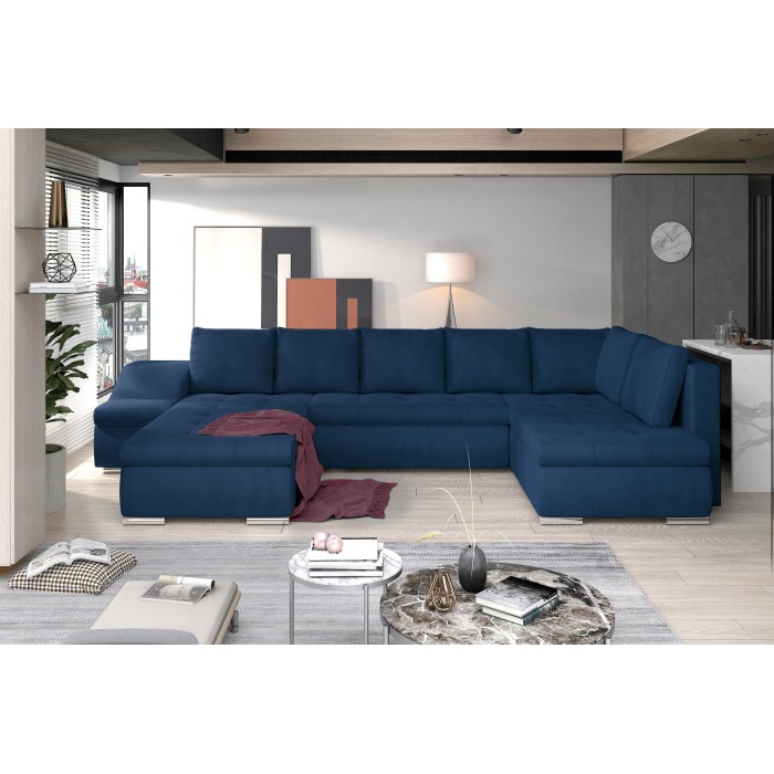 Canapé panoramique GYOVANI bleu marine angle gauche convertible pieds métal 