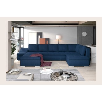 Canapé panoramique GYOVANI bleu marine angle gauche convertible pieds métal 