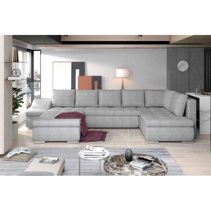 Canapé panoramique GYOVANI gris clair chiné angle gauche convertible mousse T30 