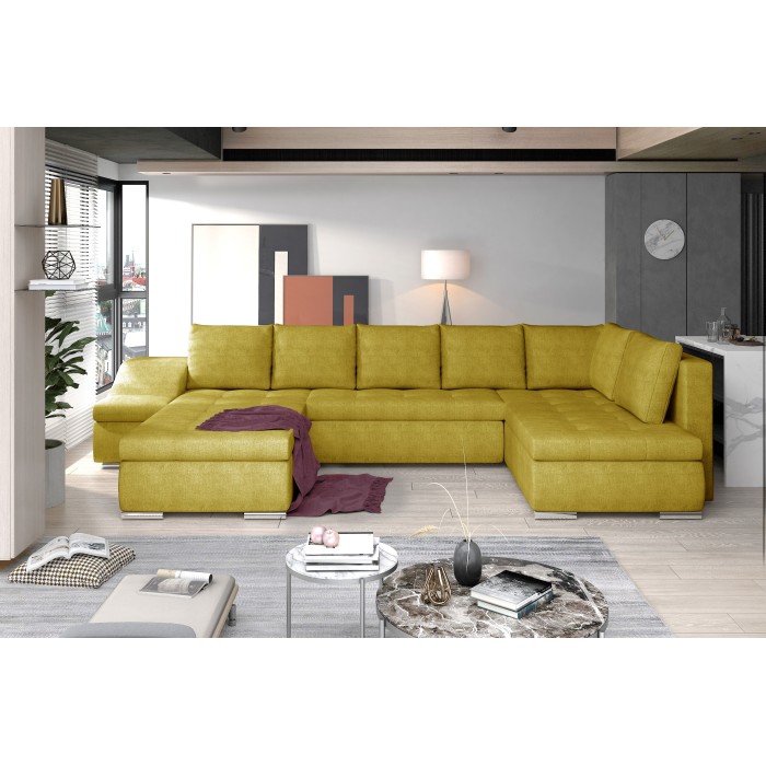 Canapé panoramique GYOVANI jaune chiné angle gauche convertible avec têtières 