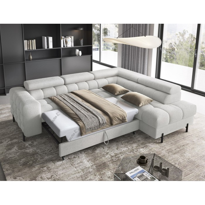 Canapé d'angle droit FERRUM Gris clair avec coffre avec têtières 276x93x200cm 