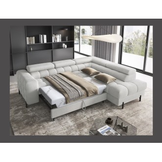 Canapé d'angle droit FERRUM Gris clair avec coffre avec têtières 276x93x200cm 