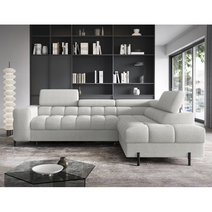 Canapé d'angle droit FERRUM Gris clair avec coffre avec têtières 276x93x200cm 