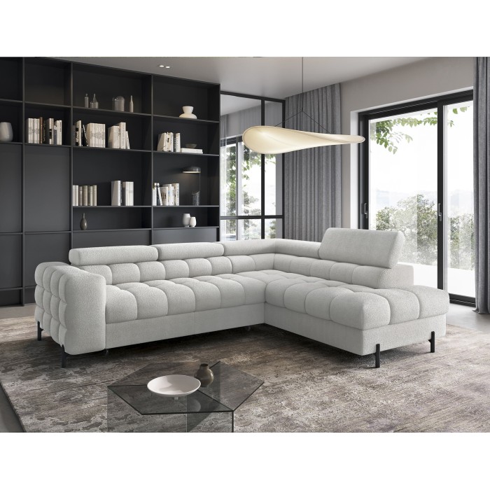 Canapé d'angle droit FERRUM Gris clair avec coffre avec têtières 276x93x200cm 