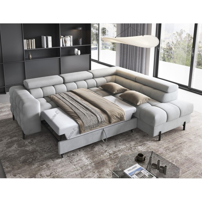 Canapé FERRUM Gris clair convertible 5 places angle droit pieds métal 276x93x200cm 