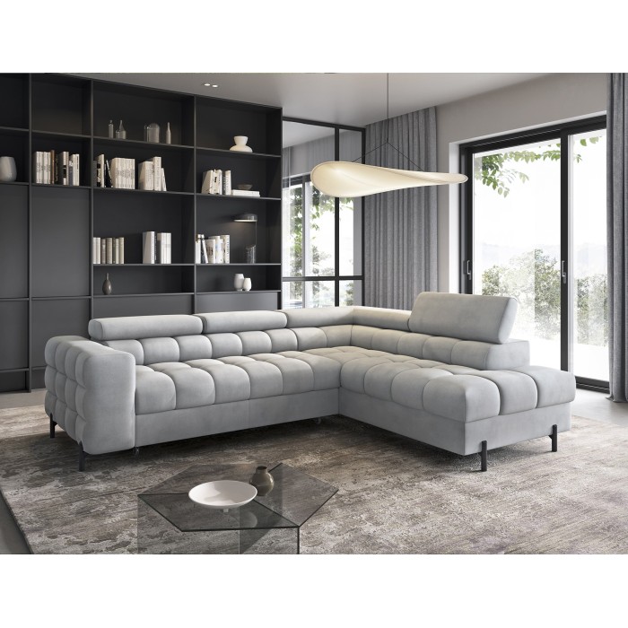 Canapé FERRUM Gris clair convertible 5 places angle droit pieds métal 276x93x200cm 