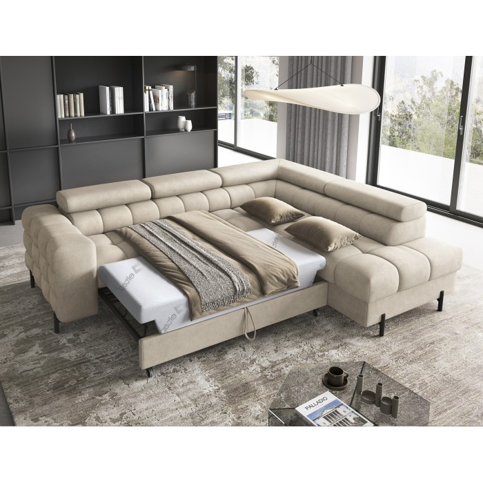 Canapé d'angle droit convertible Beige 5 places FERRUM rangement intégré 276x93x200cm 