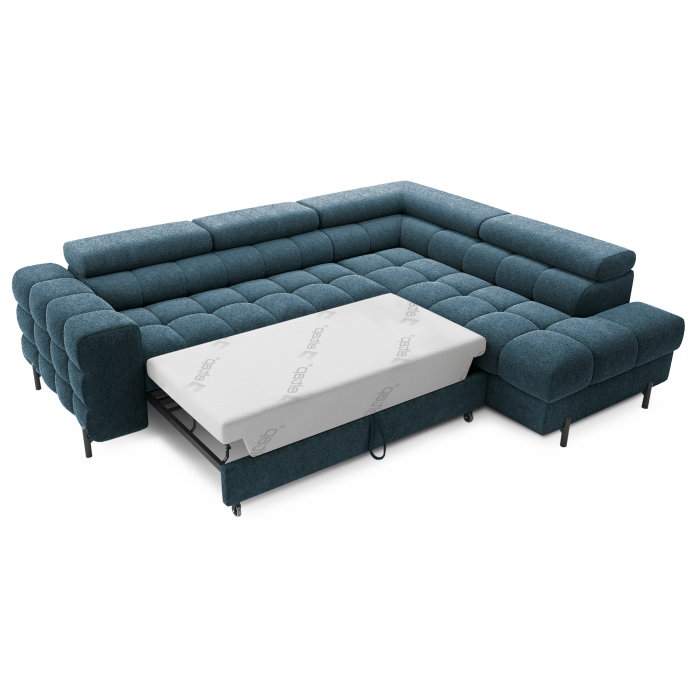 Canapé d'angle droit FERRUM Bleu foncé avec coffre mousse HR 276x93x200cm 