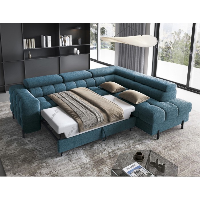 Canapé d'angle droit FERRUM Bleu foncé avec coffre mousse HR 276x93x200cm 