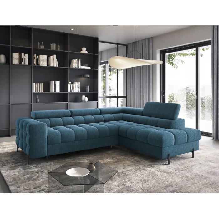 Canapé d'angle droit FERRUM Bleu foncé avec coffre mousse HR 276x93x200cm 