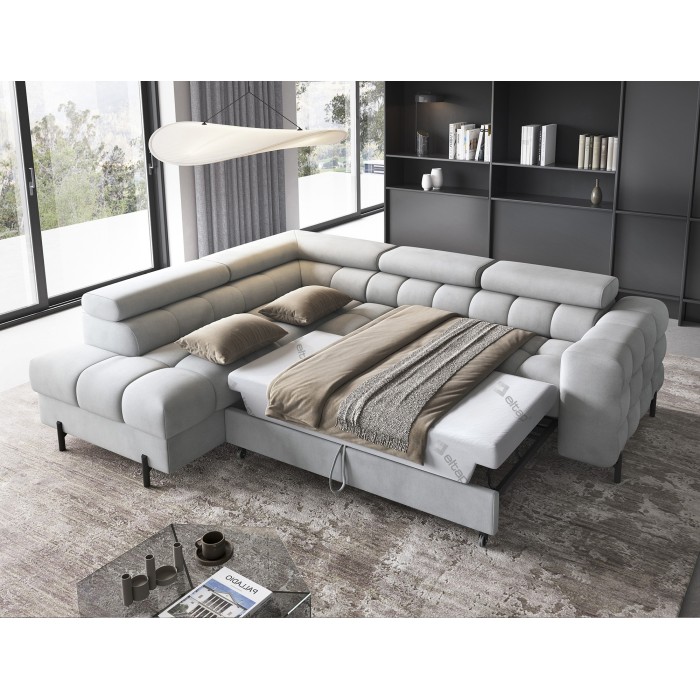 Canapé d'angle gauche FERRUM Gris clair avec coffre pieds métal 276x93x200cm 