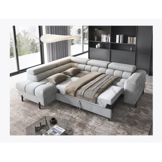 Canapé d'angle gauche FERRUM Gris clair avec coffre pieds métal 276x93x200cm 