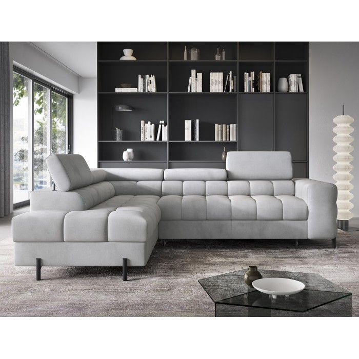 Canapé d'angle gauche FERRUM Gris clair avec coffre pieds métal 276x93x200cm 