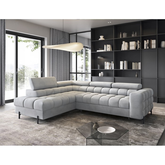 Canapé d'angle gauche FERRUM Gris clair avec coffre pieds métal 276x93x200cm 