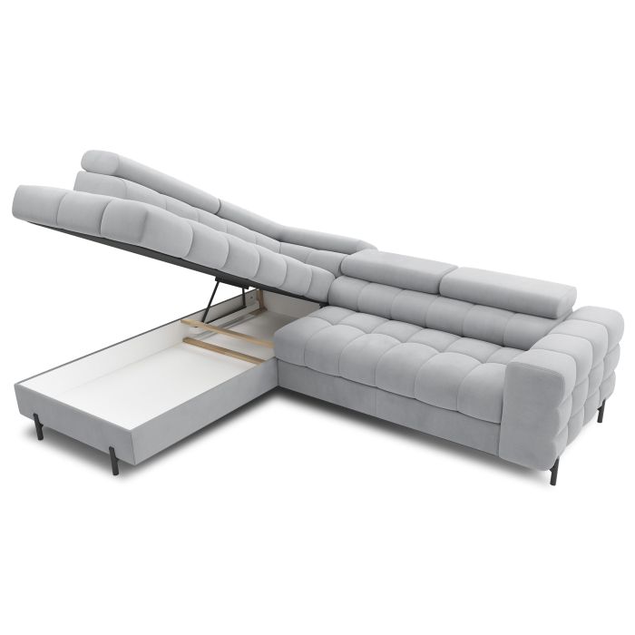 Canapé d'angle gauche FERRUM Gris clair avec coffre pieds métal 276x93x200cm 
