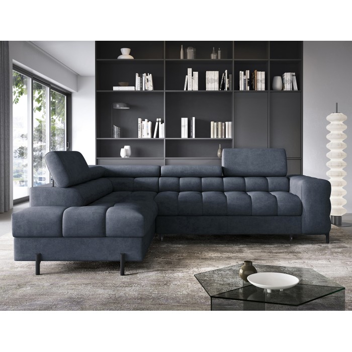 Canapé d'angle gauche convertible Bleu foncé 5 places FERRUM grand format 276x93x200cm 