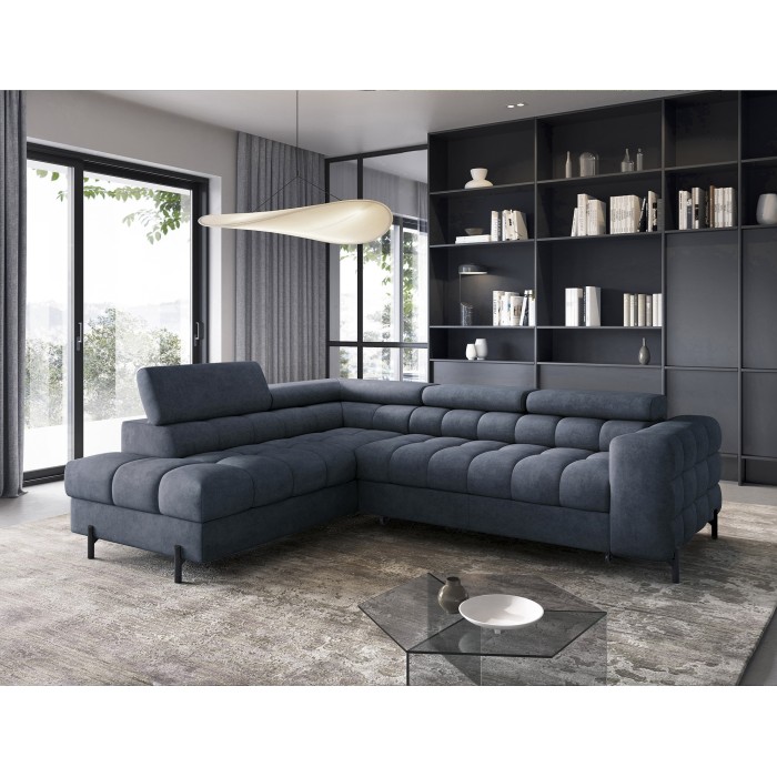 Canapé d'angle gauche convertible Bleu foncé 5 places FERRUM grand format 276x93x200cm 