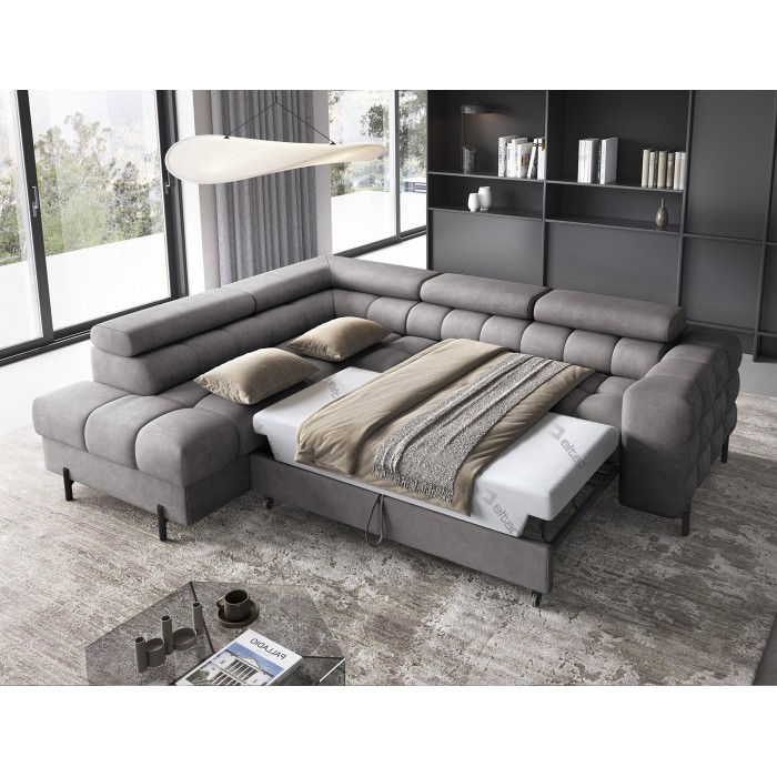 Canapé d'angle gauche FERRUM Gris avec coffre appuie-têtes réglables 276x93x200cm 